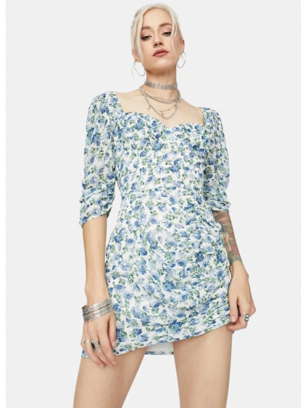 Cotton Candy Blue and White Floral Sweetheart Mini Dress